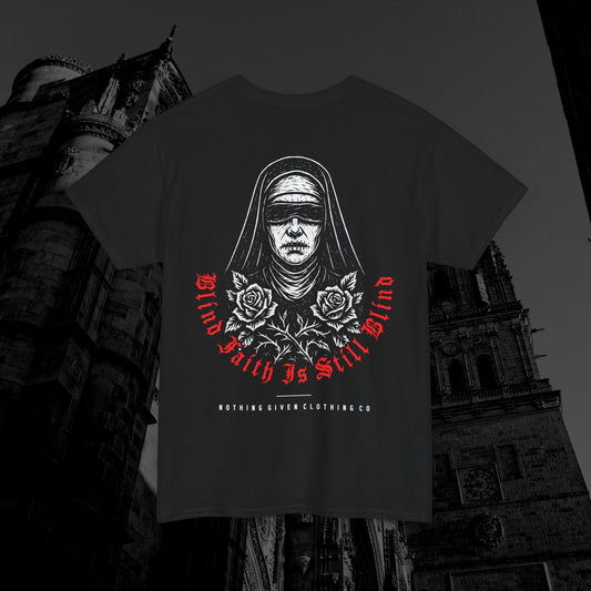 Blind Faith T-Shirt – Anti-Religion Graphic Tee with Stitched Nun Design