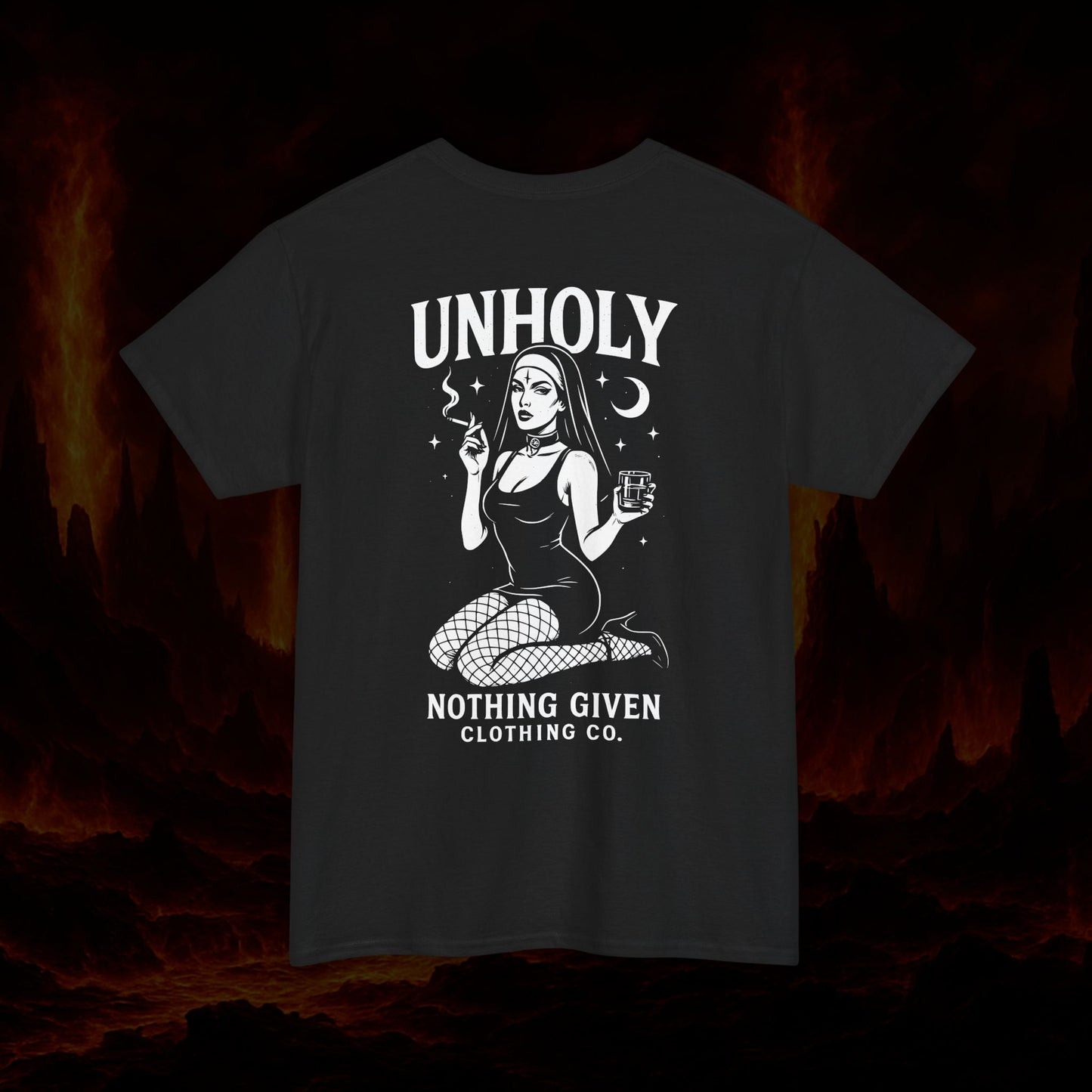Unholy Vows T-Shirt – Smoking Nun Anti-Religion Graphic Tee